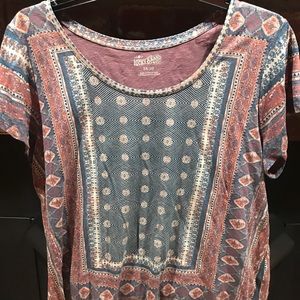 Brown, blue, cream pullover blouse